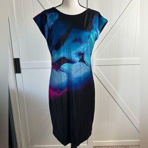 NWT Chico’s Exploded Flower Lola Dress Size 0 Blue Abstract Sheath Dress